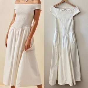 FREE PEOPLE Ceci Smocked Midi Dress Medium White Pockets Boho Bride Beachy